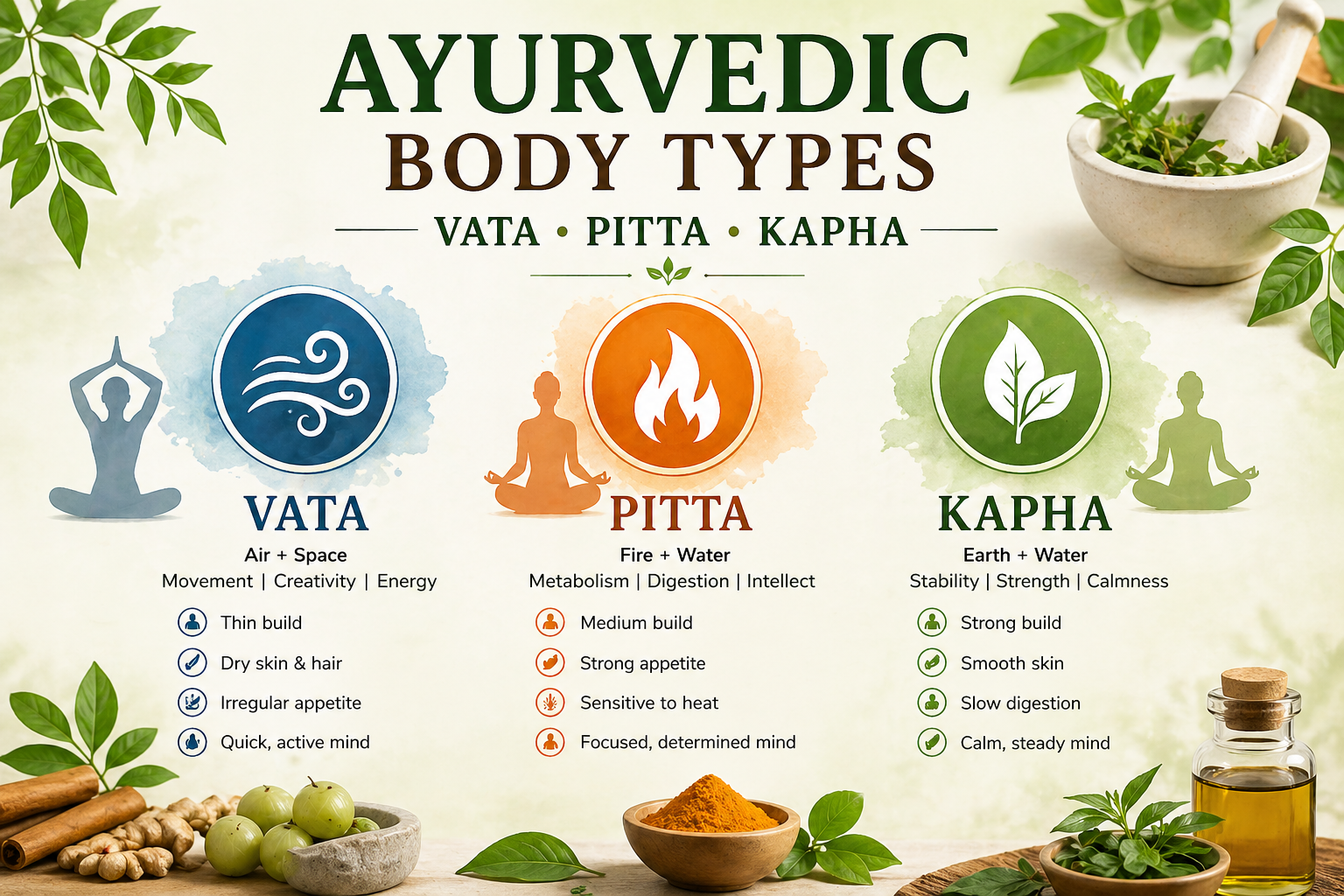 Complete Guide to Ayurvedic Body Types (Vata, Pitta, Kapha)